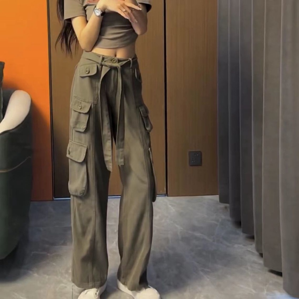 Quần Dài Ống Rộng Phối Nhiều Túi Phong Cách Hip Hop Đường Phố Mỹ Thời Trang Mùa Hè Cho Nữ