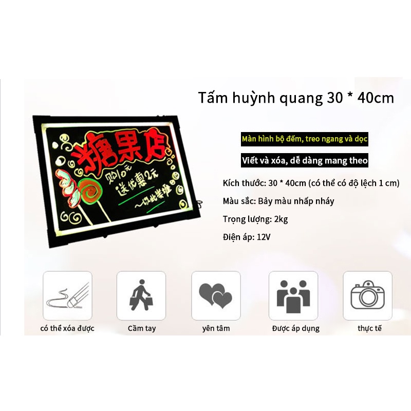 gian hàng Bảng huỳnh quang, bảng viết dạ quang 30x40cm (bút + điều khiển từ xa + giẻ lau)