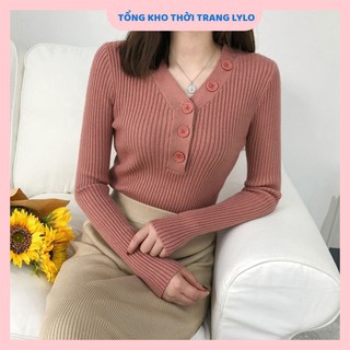 Áo len nữ cổ tim đính cúc thời trang, áo len nữ hàng quảng châu