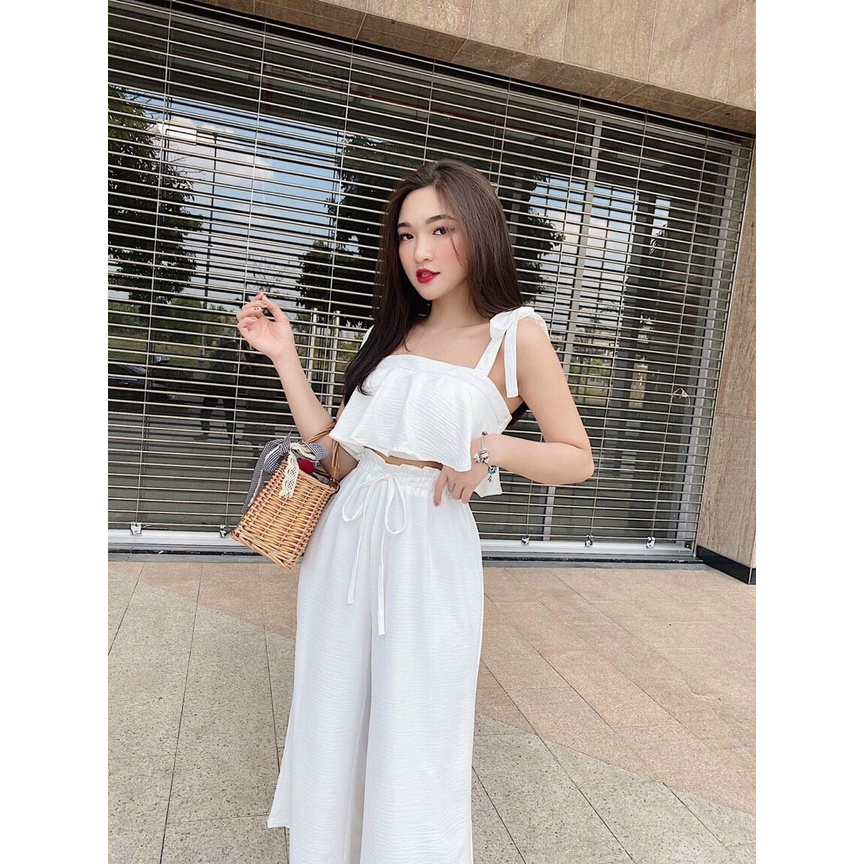 [ Miễn phí ship 2022 ] Set bộ nữ áo croptop cột nơ vai , bộ quần ống xuông đi làm đi chơi ,thời trang công sở