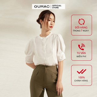 Áo sơ mi nữ cổ trụ xếp tay GUMAC màu trắng, thiết kế basicAA1184