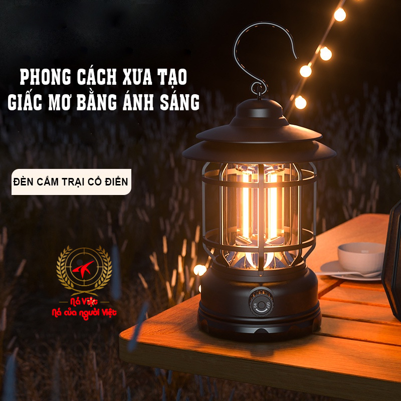 Đèn Cắm Trại Dã Ngoại Du lịch Dùng Pin Sạc USB Tích Điện 18650mAh, Ánh Sáng Vàng Ấm Trang Trí Lều Trại - DCP10