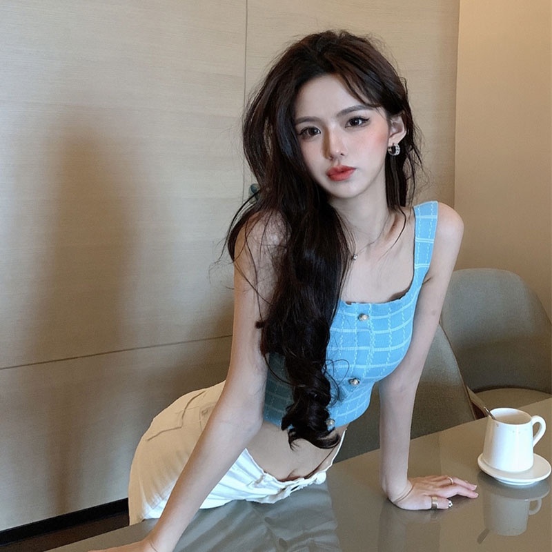 Áo Hai Dây Dáng Ngắn Hở Lưng Họa Tiết Sọc Caro Phong Cách Quyến Rũ