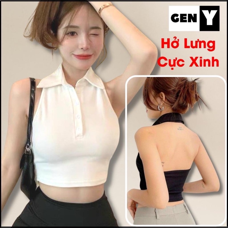 Áo croptop cổ polo cài cúc đen trắng sát nách hở lưng sexy freesize hàn quốc