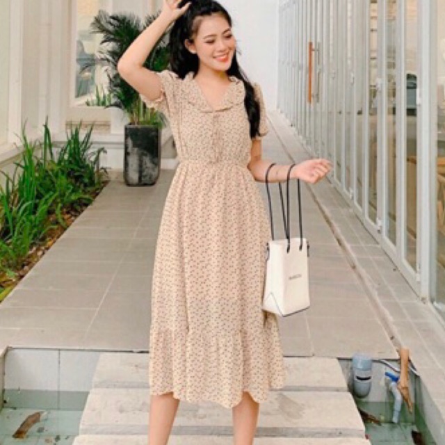 ĐẦM CHẤM BI 2 màu viền bèo 2 lớp xd