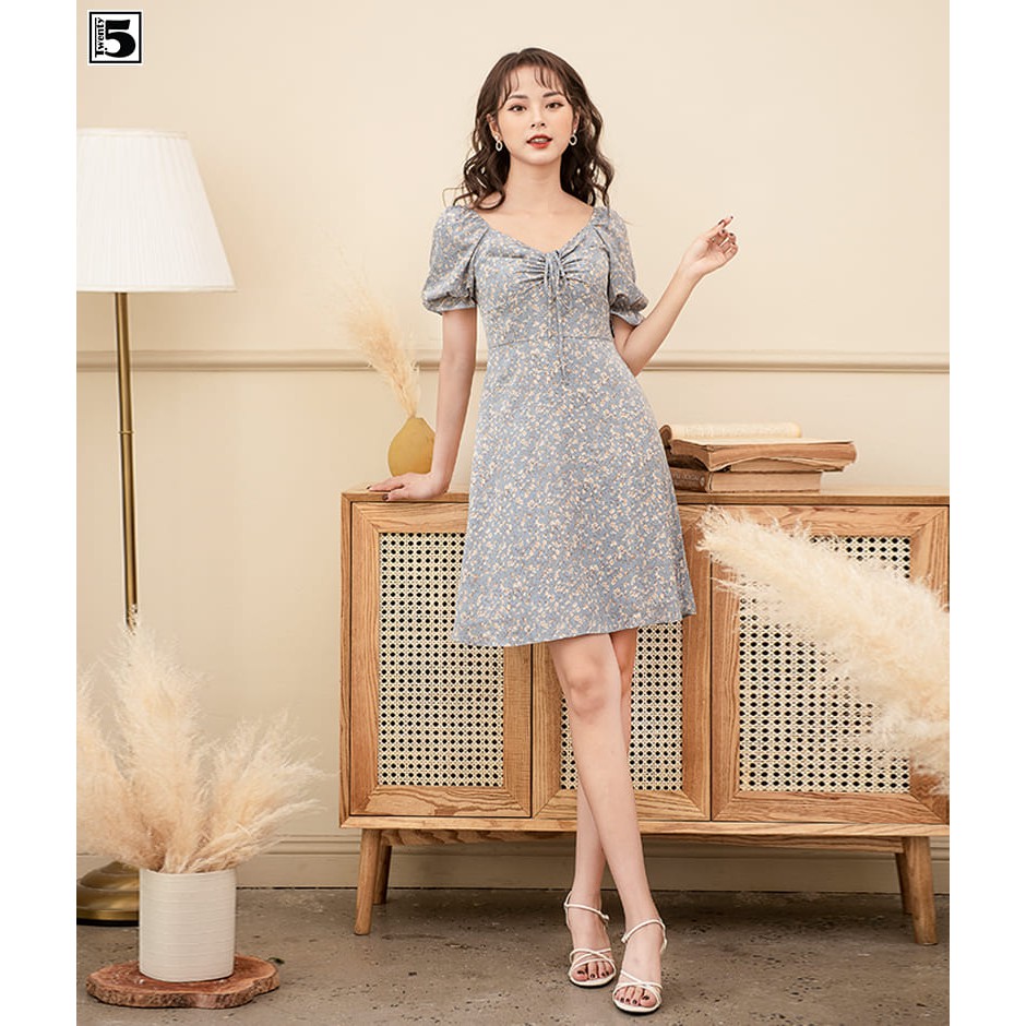 Đầm hoa nhí midi nhún ngực tay bồng bo chun 2 lớp Twentyfive N233