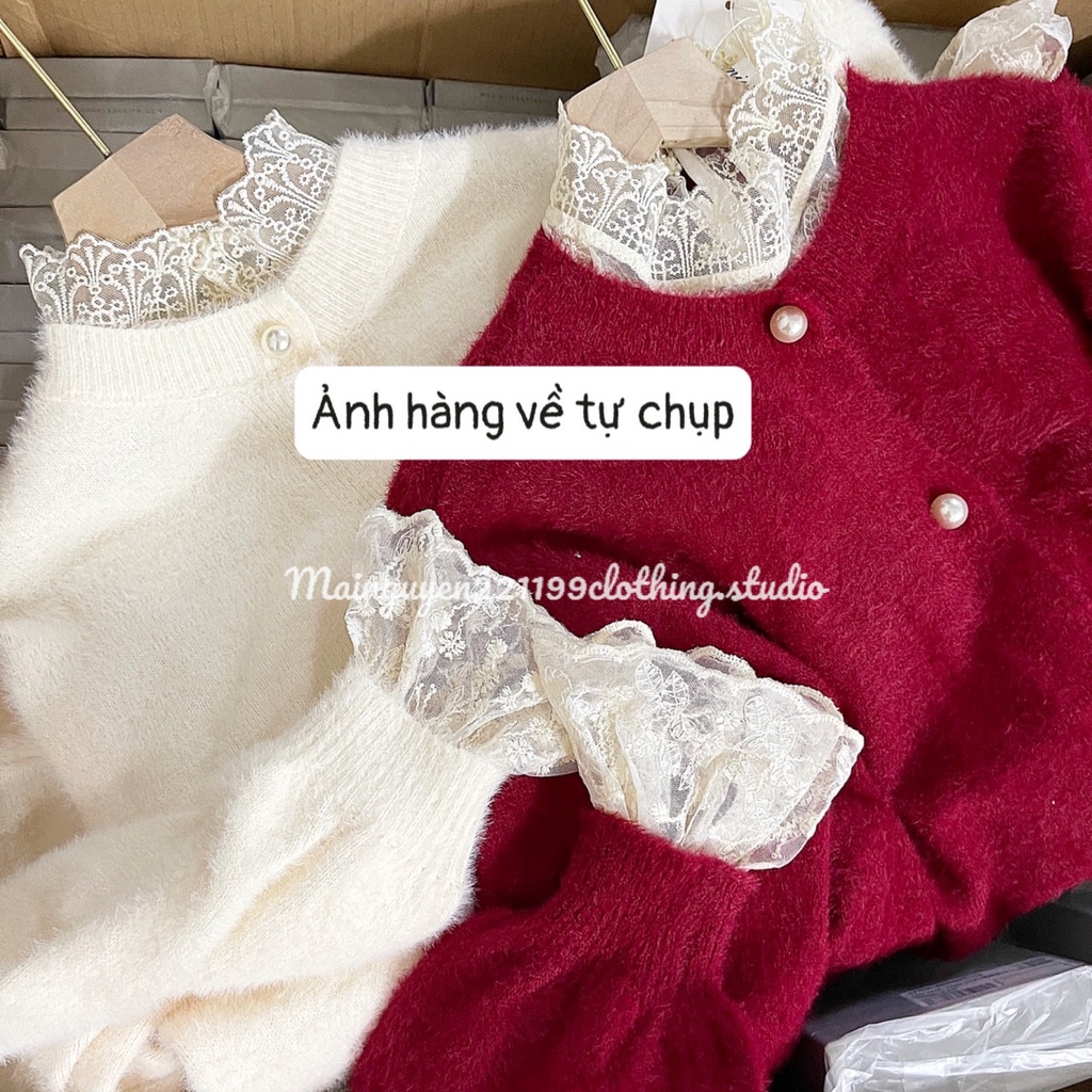 (Kèm áo ren) Áo Khoác Len Lông Thỏ Cúc Ngọc, Áo Khoác Len Nữ Phong Cách Nhẹ Nhàng Tiểu Thư