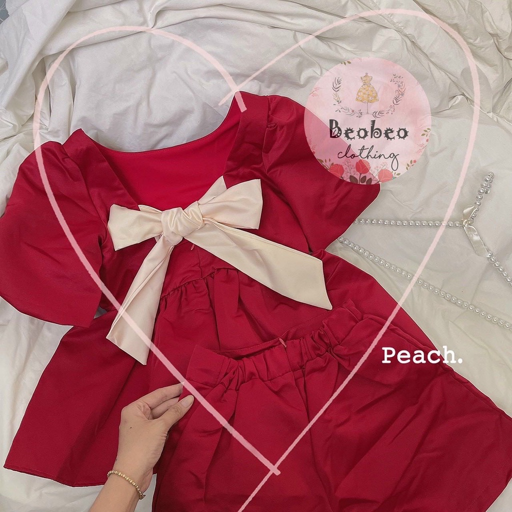 Set áo babydoll đỏ tay phồng nơ lưng kèm quần short dễ thương
