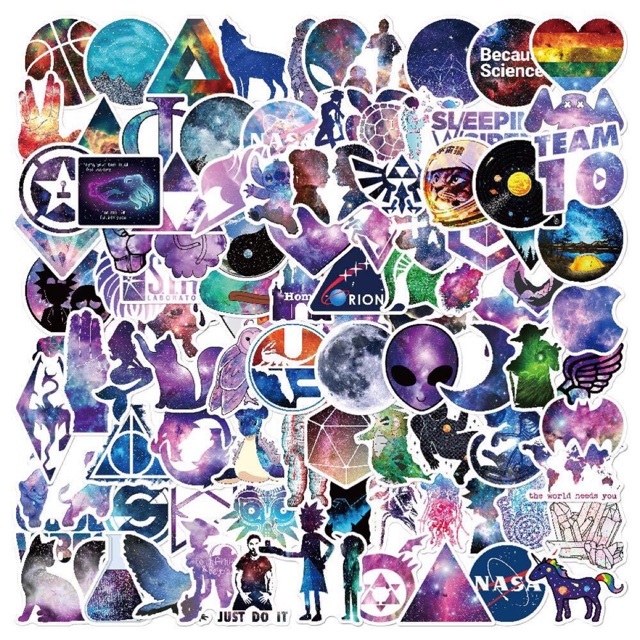 Set 30-50 sticker galaxy ép lụa / hình dán sắc màu galaxy