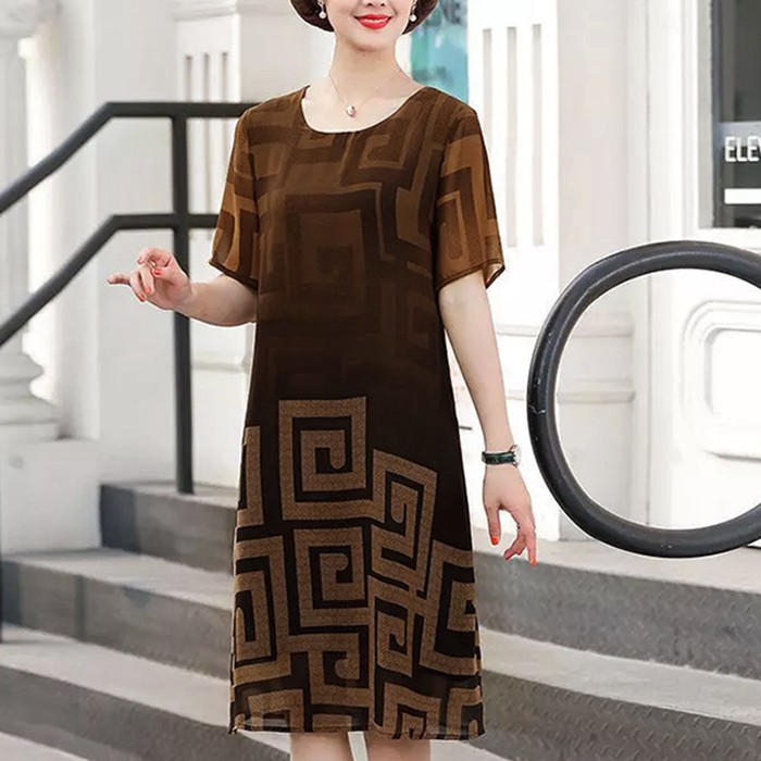 GOTI - Đầm Trung Niên Nữ Cao Cấp Dáng Suông Rộng Chữ A Dài Qua Gối Tay Ngắn Voan 2 Lớp Cho Me U50 U60 GOTI 3280