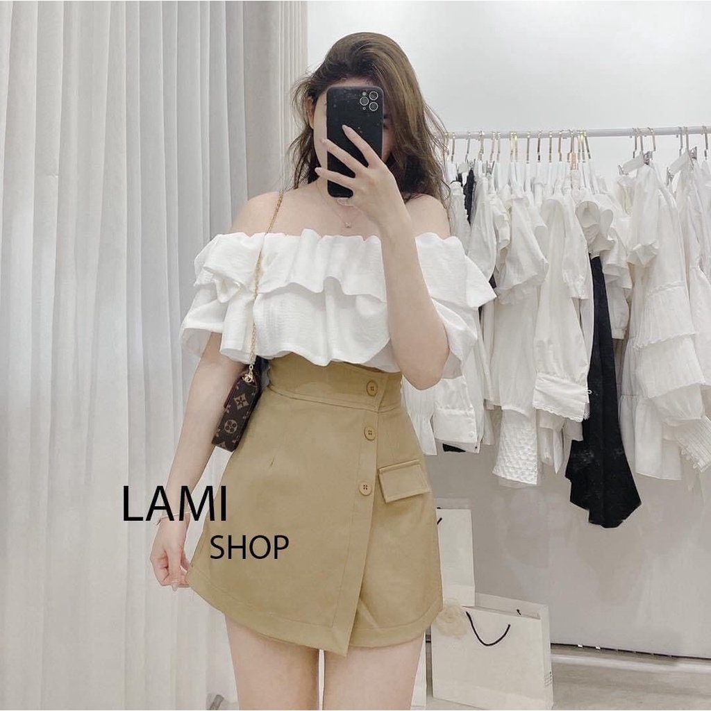 Áo croptop trễ vai 2 tầng cộc tay bồng bánh bèo, áo trắng trần điệu đà | BigBuy360 - bigbuy360.vn