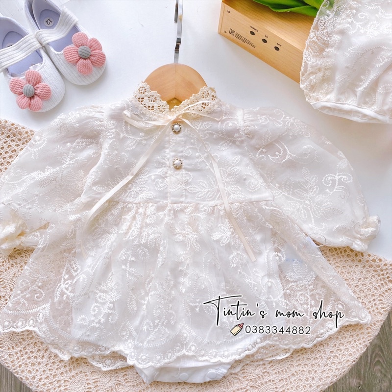 Set váy công chúa trắng thiết kế ren hoa nhí cho bé gái đầy tháng/ thôi nôi