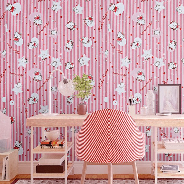 Decal giấy dán tường kitty sọc hồng (khổ rộng 45cm)