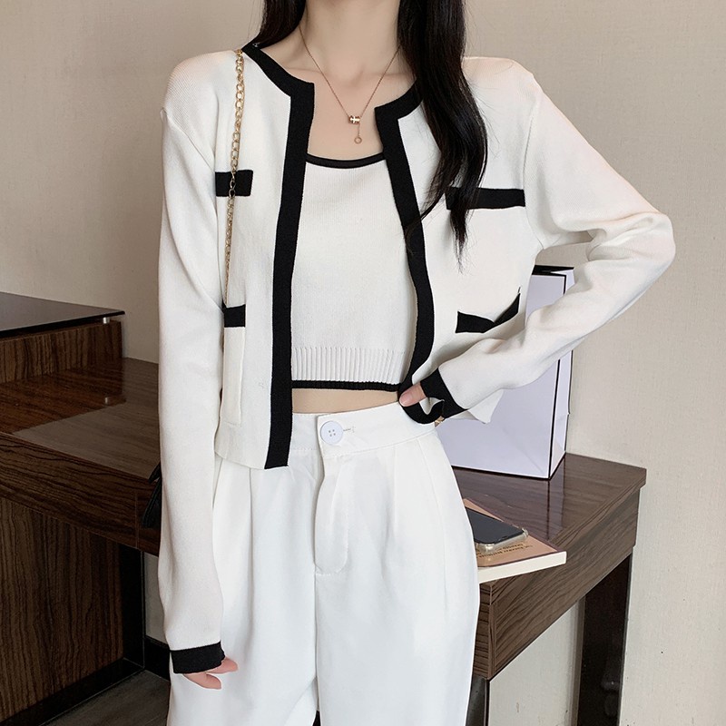 Set Áo Khoác Cardigan Dài Tay Và Áo Len Ngắn Phong Cách Hàn Quốc Mới