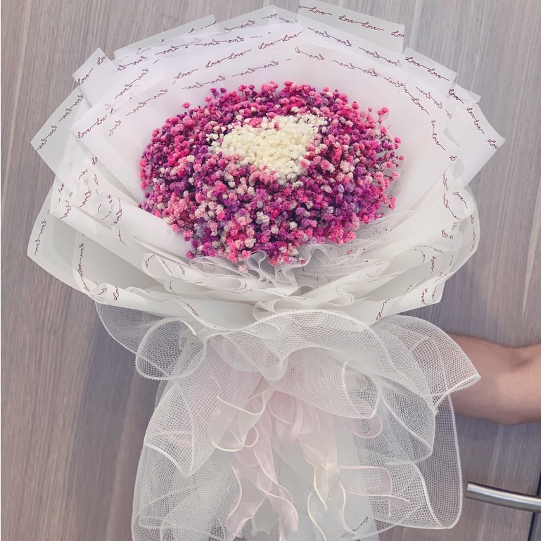 Bó hoa baby hồng phấn mix tím tây mix trắng tông màu ngọt ngào lãng mạn, bó to ôm che người xinh xắn