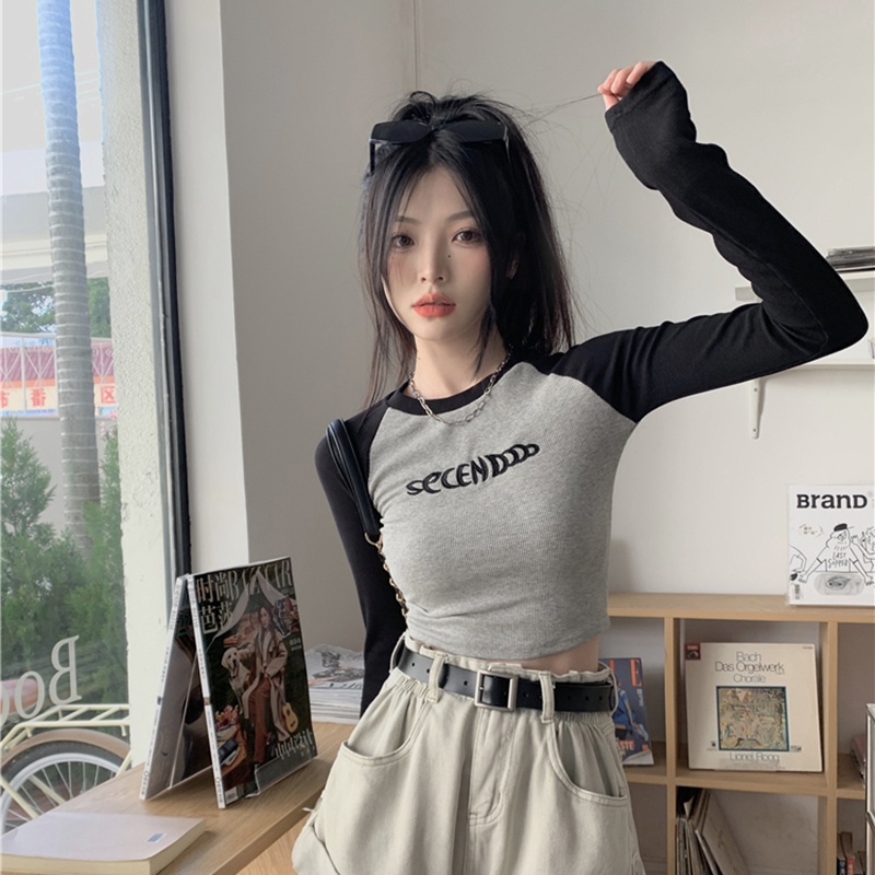 IELGY  Áo Thun Tay Dài Dáng Ôm Màu Sắc retro Dành Cho Nữ