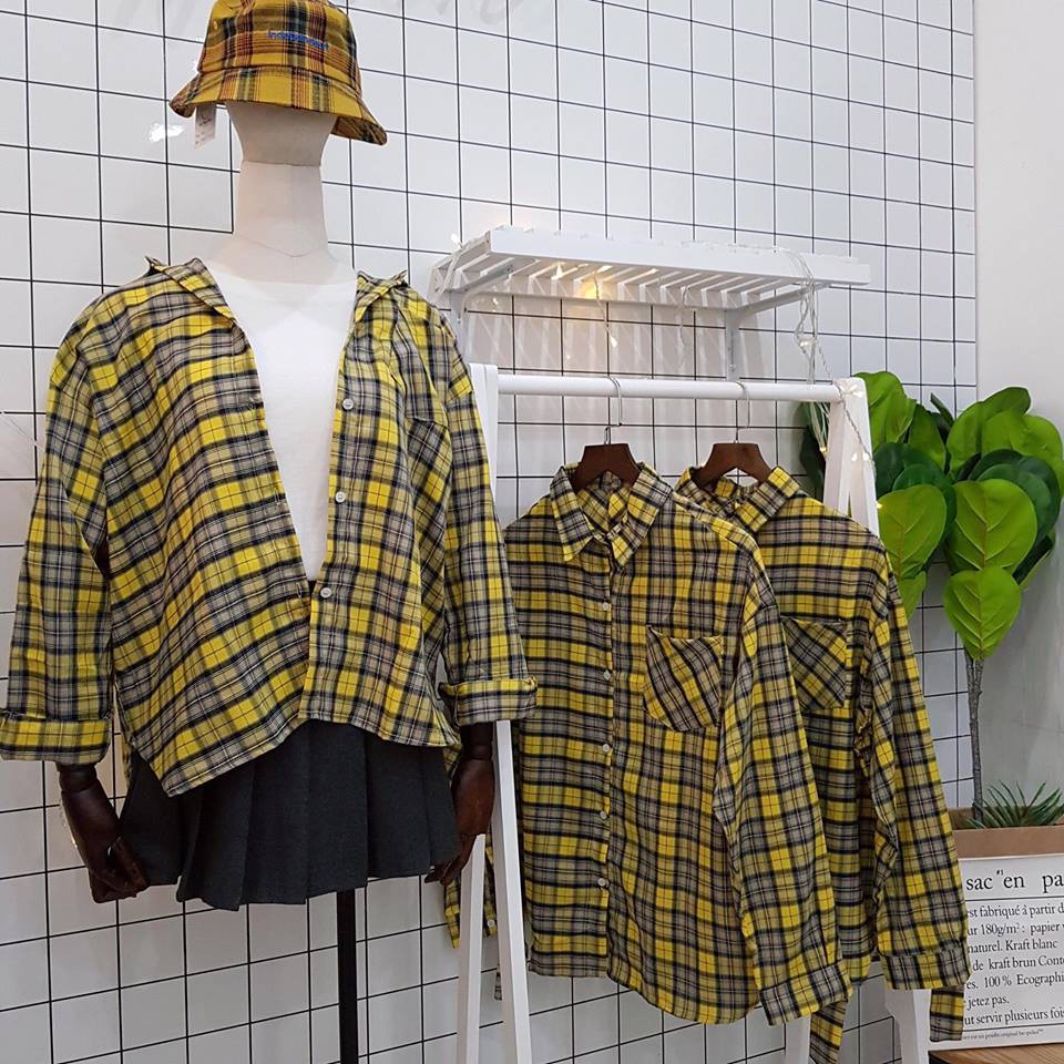 Áo sơ mi oversize 2 cổ caro vàng