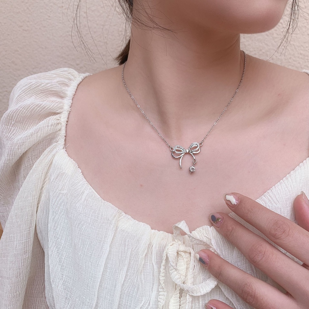 Vòng cổ Mạ Bạc Mặt Nơ Đính Đá Pha Lê Phong Cách Hàn Quốc