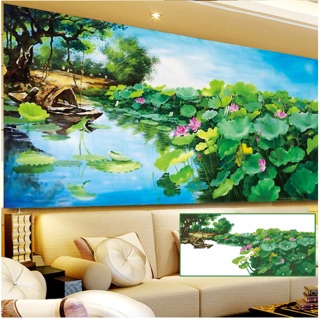 Tranh đính đá Tranh thêu phong cảnh đầm sen đẹp 120x65cm