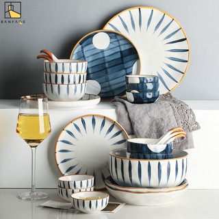 BANFANG Bộ bát đĩa màu xanh và trắng kiểu Nhật Bản cao cấp