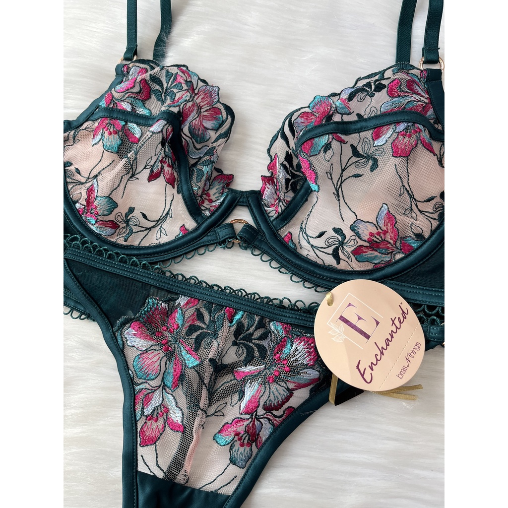 Áo ngực unlined Bra n things xuất Úc màu dark green họa tiết hoa văn có big size 32D 34DE 36E 38E