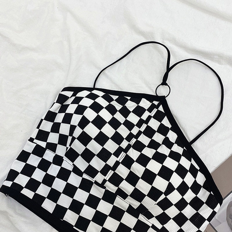Áo Croptop Dệt Kim Cổ Yếm Họa Tiết Kẻ Sọc Có Đệm Ngực Thời Trang Quyến Rũ Cho Nữ