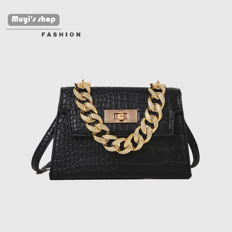 Túi Xách Đeo Vai Hình Vuông Nhỏ Cầm Tay Họa Tiết Da Cá Sấu Có Dây Xích Đa Năng Đơn Giản Và