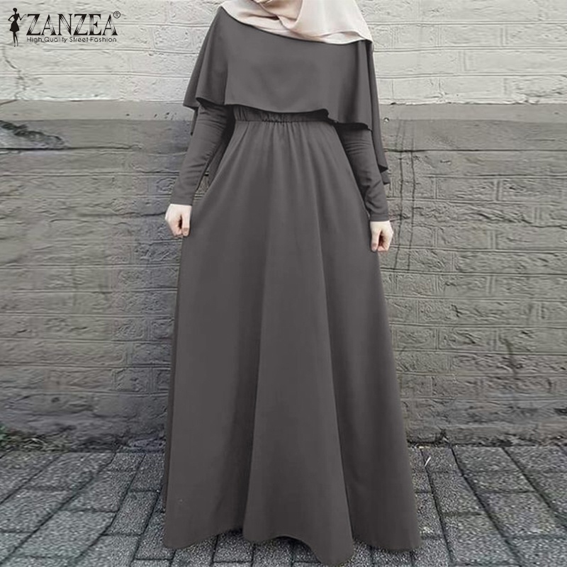 Đầm Dài Hai Lớp Eo Thun ZANZEA Cho Phụ Nữ Hồi Giáo
