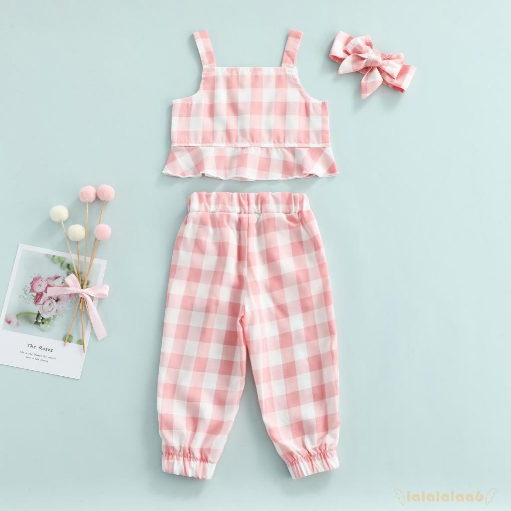 Set Đồ 3 Món Gồm Áo Cổ Thuyền Kẻ Sọc Caro Có Diềm Xếp Nếp + Quần Dài Và Túi Đeo Cho Bé Gái Sơ Sinh