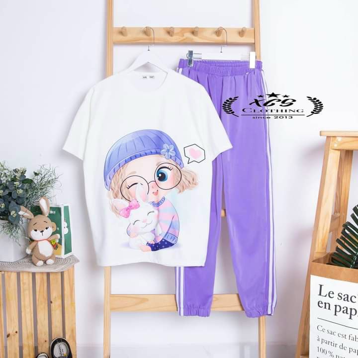 Sét bộ thun áo in hình cô bé xinh xắn phối quần thể thao TTSLA0456