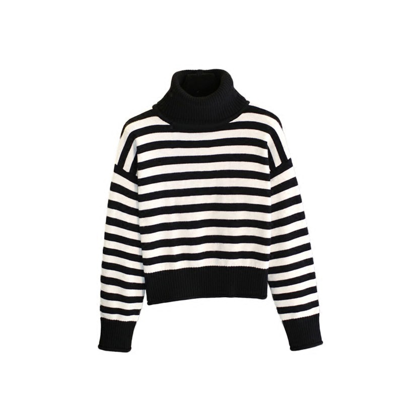 Áo Sweater Chui Đầu Eo Cao Kẻ Sọc Đen Trắng Dễ Thương Cho Nữ