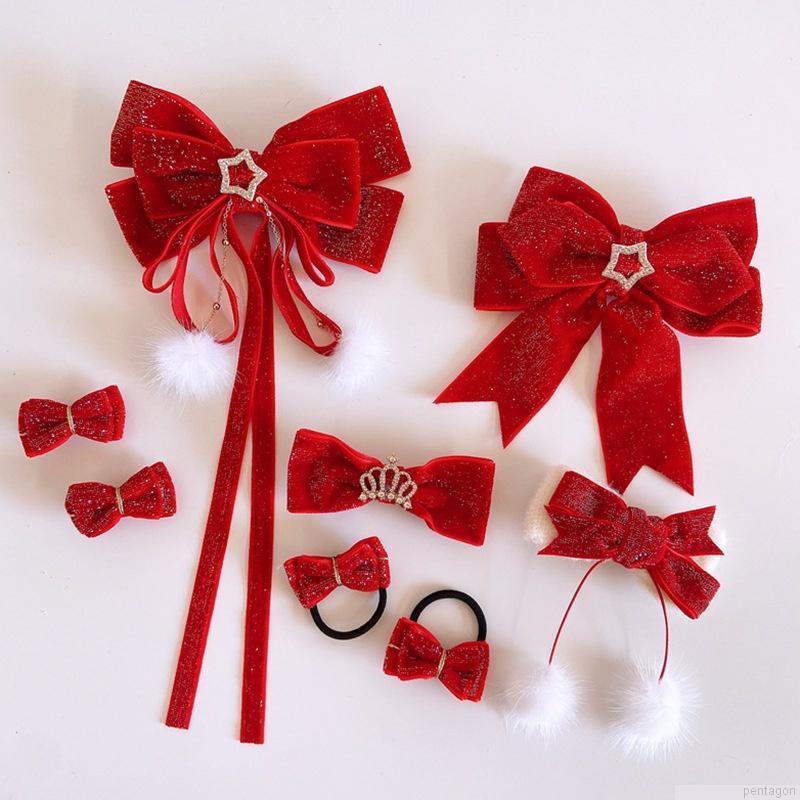 Kẹp tóc mặt nơ tua rua màu đỏ xinh xắn dành cho nữ vào tiệc giáng sinh năm mới