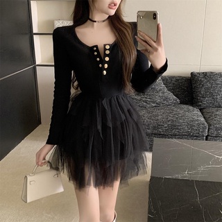 Spliced net white dress women's autumn 2021 new design feeling waist show thin a-shaped skirt fairy skirt