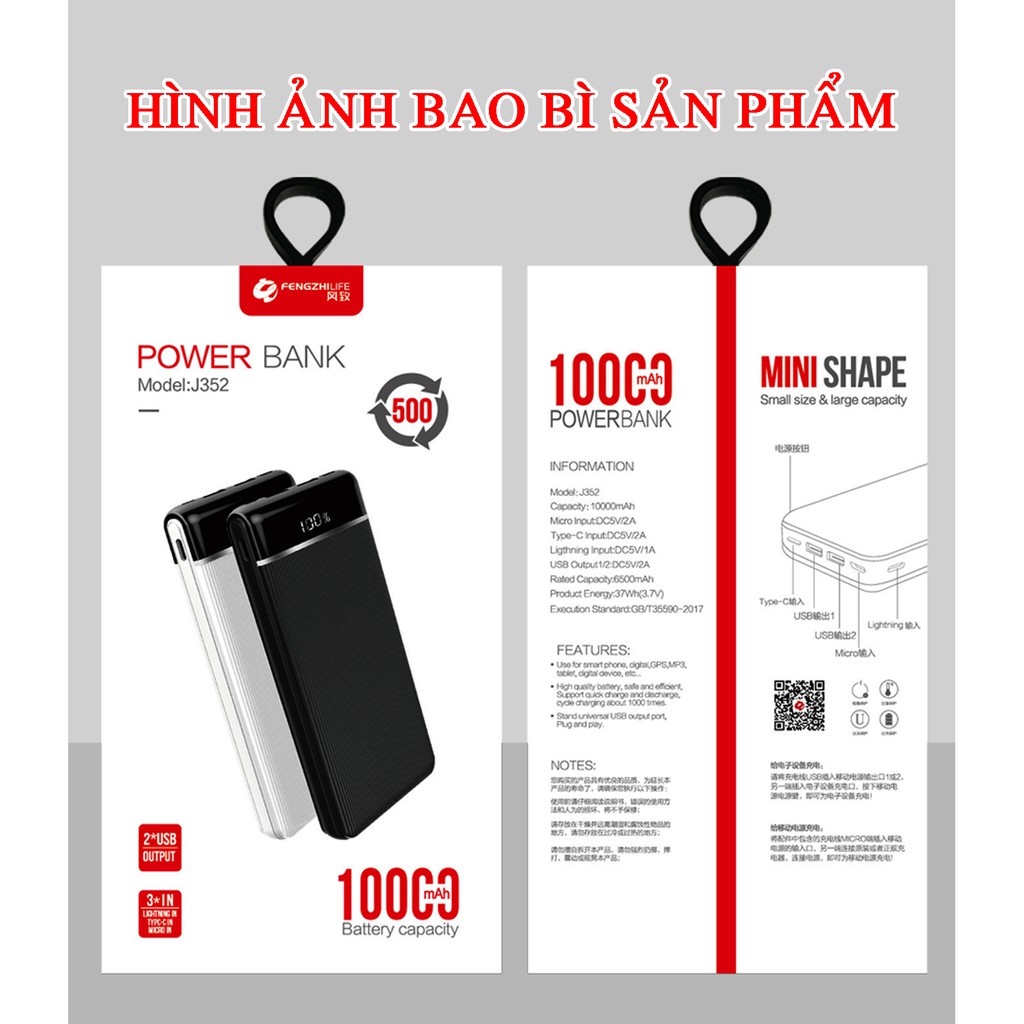 Pin Sạc dự phòng 10000mAh mini mỏng gọn có màn hình hiển thị phần trăm pin, cổng USB 2A, FENGZHI J352