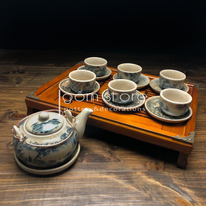 Ấm chén Bát Tràng men rạn giả cổ dáng hồng vẽ sơn thủy (Không kèm khay ấm trà như hình) | BigBuy360 - bigbuy360.vn