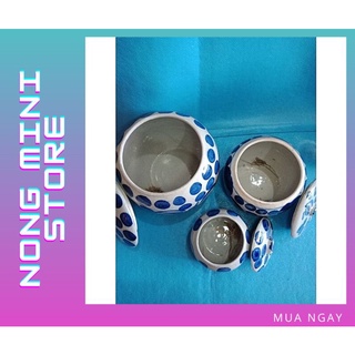 Thố Hũ Đựng Gia Vị, Mỡ, Mẻ, Chưng Yến Bằng Sứ Bát Tràng Chấm Bi Xanh