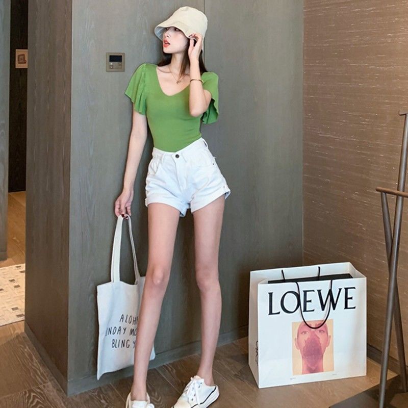 Jiashucheng Áo Thun Dệt Kim Tay Ngắn Phồng Cổ Chữ V Màu Trơn Phong Cách Phương Tây