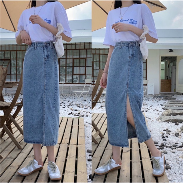 Chân váy bò jeans dáng dài Ulzzang cạp lệch xẻ chân / chân váy bò dài xẻ trước hàn quốc