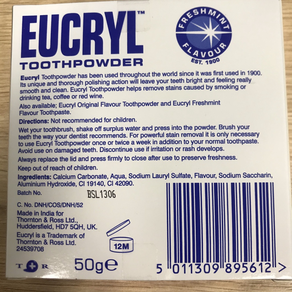 [Mã COSDAY giảm 8% đơn 150K] Bột trắng răng EUCTYL Freshmint Flavour Toothpowder 50g - bột tẩy trắng răng hương bạc hà