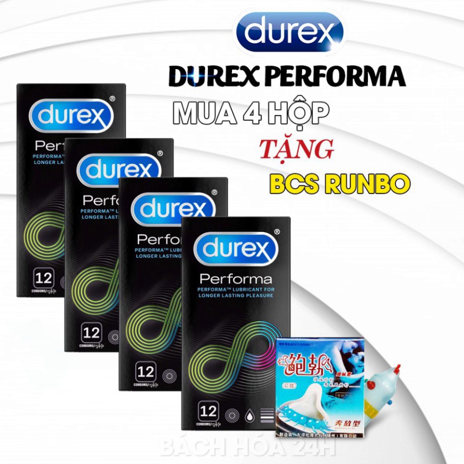 [Tặng Bcs Siêu Gai] Bộ 4 Hộp (48 Chiếc )Bao cao su Durex Performa Nhiều Gel Bôi Trơn Tăng Khoái Cảm &amp; Kéo Dài Cuộc Yêu