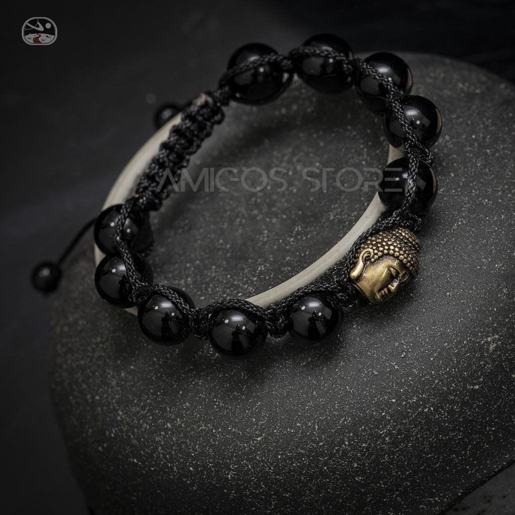 Vòng tay phong thủy handmade đá đen trơn mix charm Phật Thích Ca