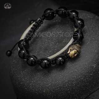 Vòng tay phong thủy handmade đá đen trơn mix charm Phật Thích Ca