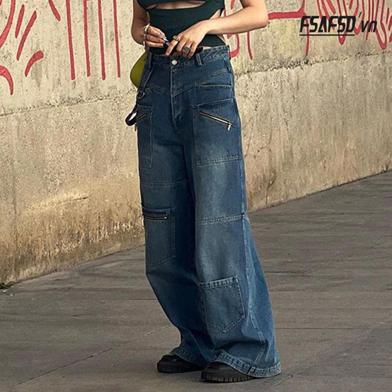 Quần Jean Nữ Lưng Cao Ống Đứng Nhiều Túi Phong Cách Âu Mỹ