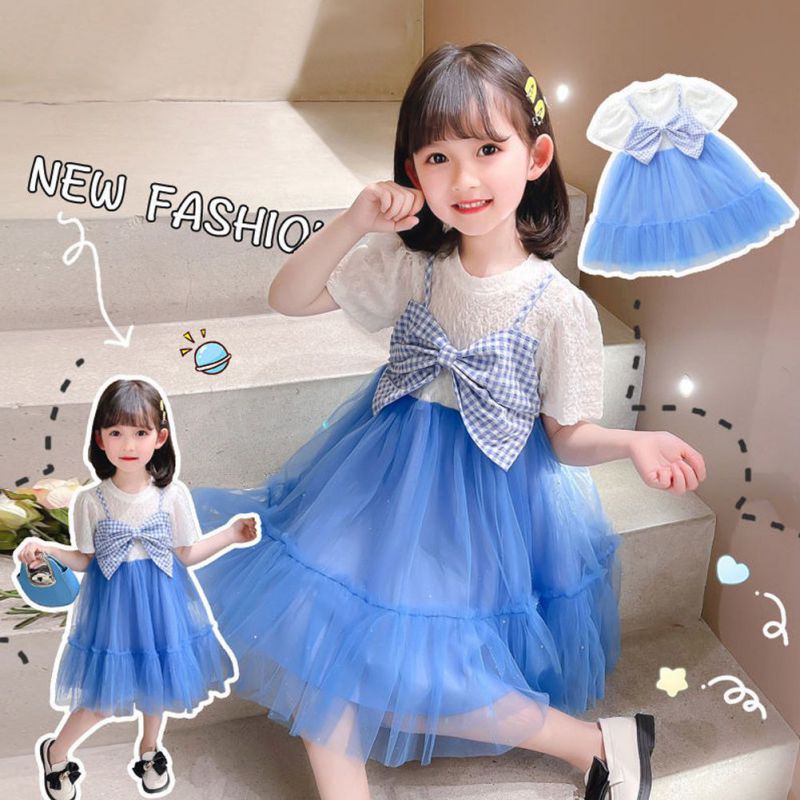 Đầm Công Chúa Tay Ngắn Phối Ren Giả Hai Lớp Thời Trang Mùa Hè Cho Bé Gái