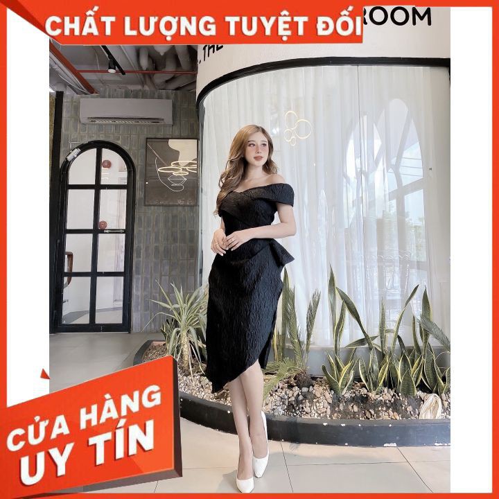 Đầm dạ hội Đầm Bẹt Vai [CoCo Shop] Đầm Hoa Nổi Bẹt Vai - Thời Trang Thiết Kế