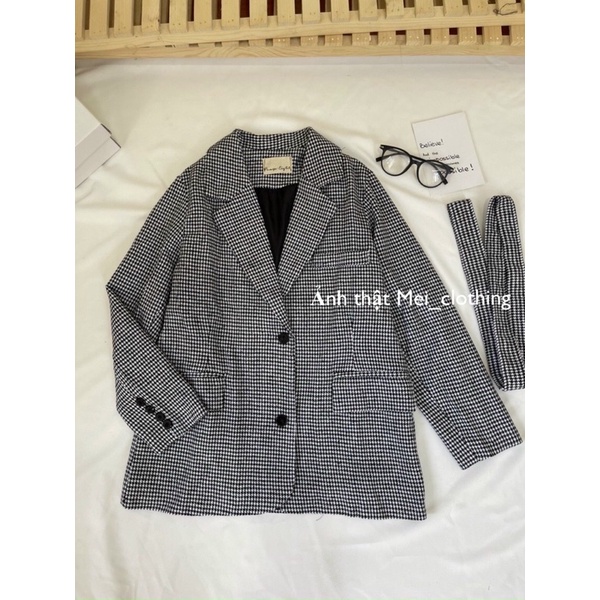 [Ảnh thật/video] Áo blazer 2 lớp đính cúc tay kèm đai/ vest dạ 2 lớp trendy