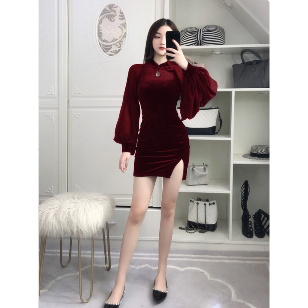 [SẴN] Sườn xám xẻ tà tay phồng (màu đỏ) | BigBuy360 - bigbuy360.vn