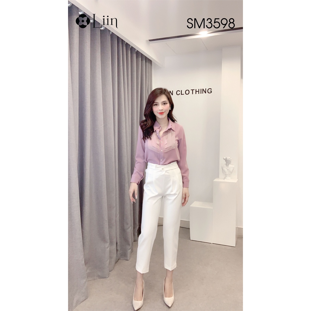 Áo sơ mi nữ Đũi màu Tím Khoai Môn thiết kế viền bèo đối xứng thanh lịch Liin Clothing SM3598