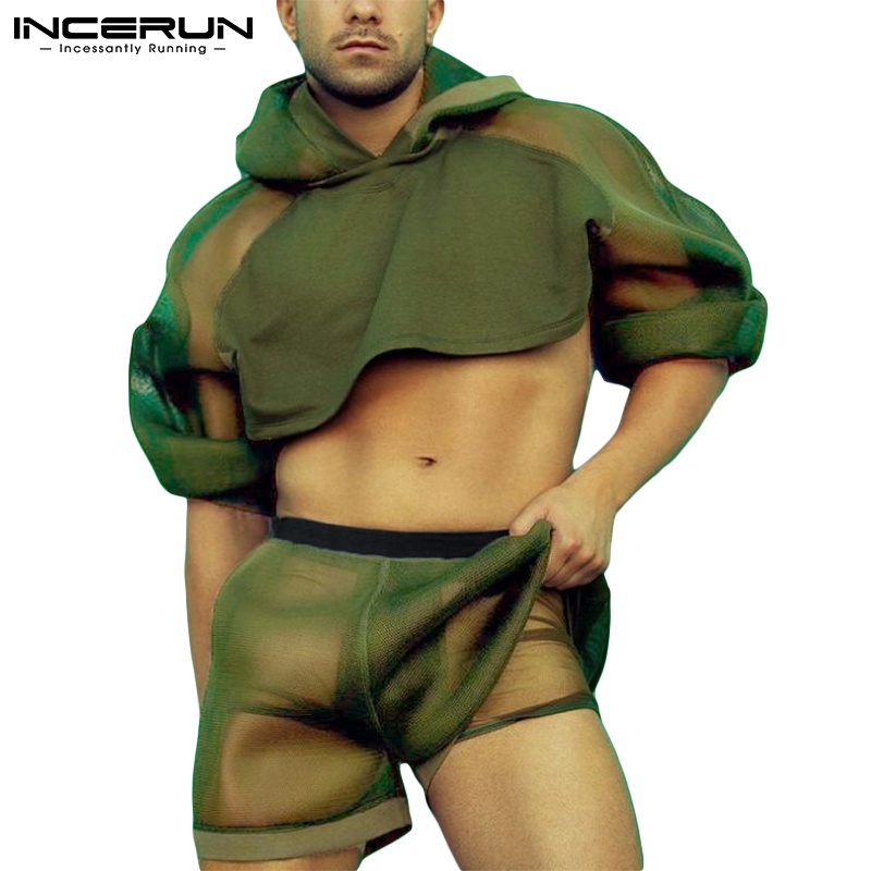 Set đồ thời trang INCERUN gồm áo croptop dài tay có mũ trùm đầu + quần short dạng lưới trong suốt cho nam