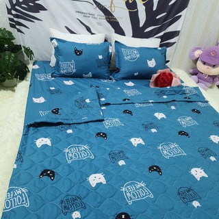 SET 4 MÓN GA GỐI CHĂN HÈ TRẦN BÔNG POLY COTTON MẪU MÈO XANH